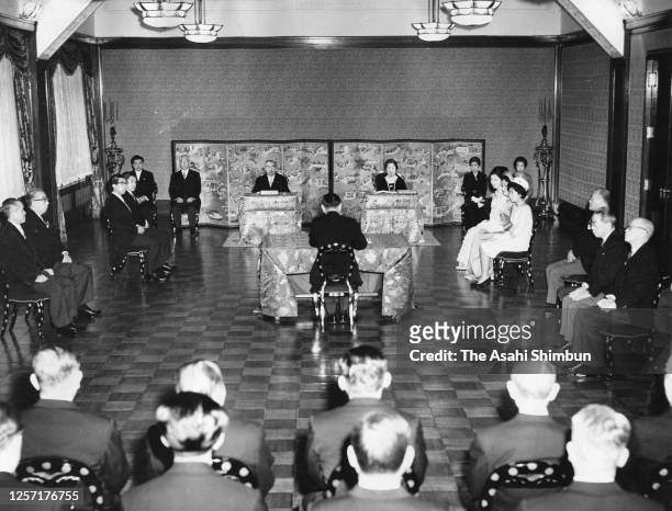 Emperor Hirohito, Empress Nagako and royal family members attend the 'Kosho-Hajime-no-Gi,' First Lecture of New Year at the Imperial Palace on...