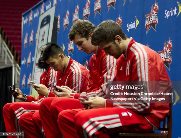 The Houston Rockets All-Star game nominees from left, James Harden, Jeremy Lin, Omer Asik and Chandler Parsons make All-Star selections on cellular...