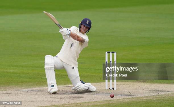 Ben Stokes of England hits out during Day Five of the 2nd Test Match in the #RaiseTheBat Series between England and The West Indies at Emirates Old...