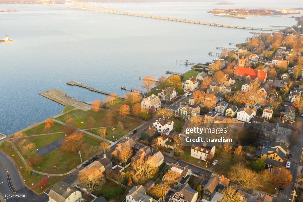 Drone aerial view of Newport Phode Island old tradition building with ocean and yatch port with street summer season