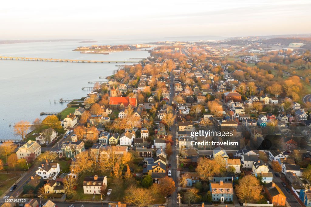 Drone aerial view of Newport Phode Island old tradition building with ocean and yatch port with street summer season