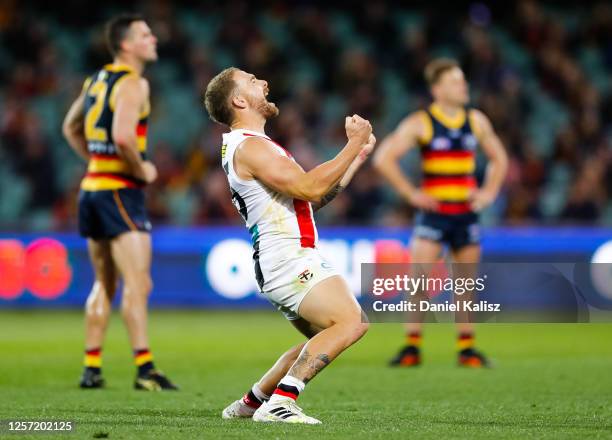 Dean Kent of the Saints celebrates after kicking a goal during the round 7 AFL match between the Adelaide Crows and the St Kilda Saints at Adelaide...
