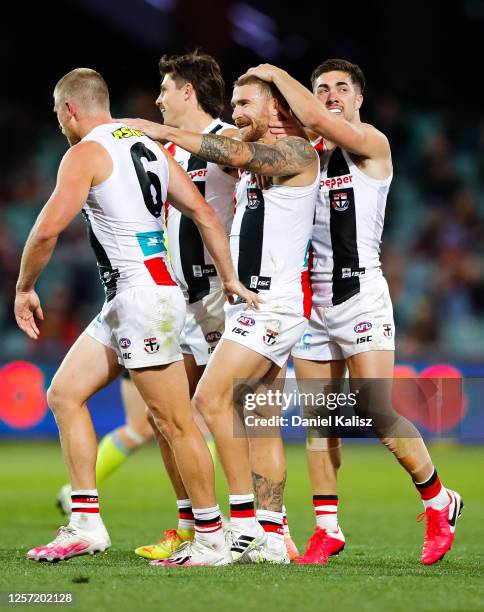 Dean Kent of the Saints celebrates after kicking a goal during the round 7 AFL match between the Adelaide Crows and the St Kilda Saints at Adelaide...