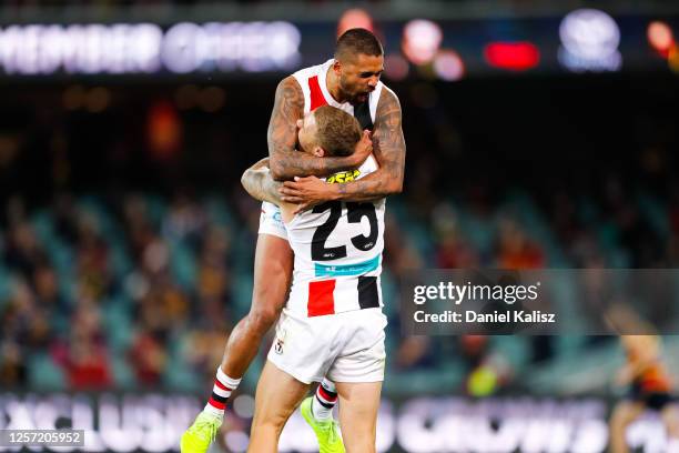 Dean Kent of the Saints and Bradley Hill of the Saints celebrate during the round 7 AFL match between the Adelaide Crows and the St Kilda Saints at...