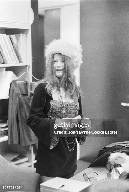 American singer-songwriter Janis Joplin at Columbia Records signing contract, February 1968.