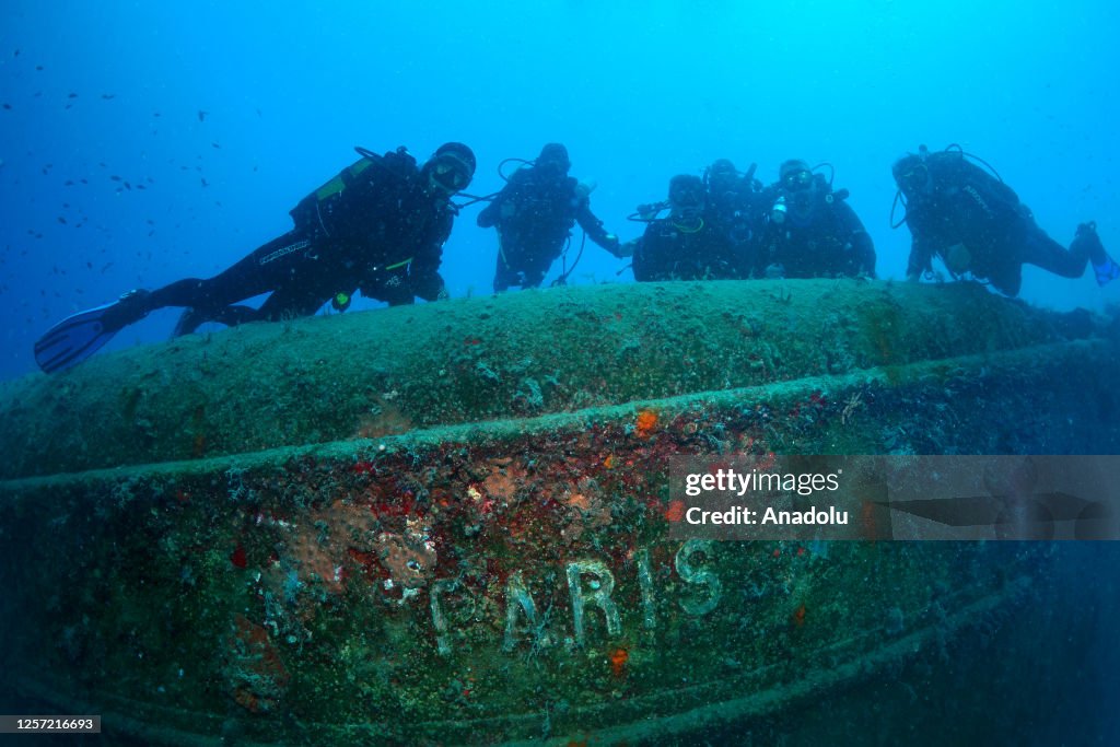 Divers examine sunken French navy ship "Paris 2" in Antalya