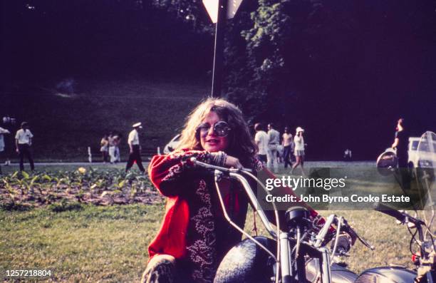 American singer-songwriter Janis Joplin astride a chopper, Columbus, Ohio, June 1970.