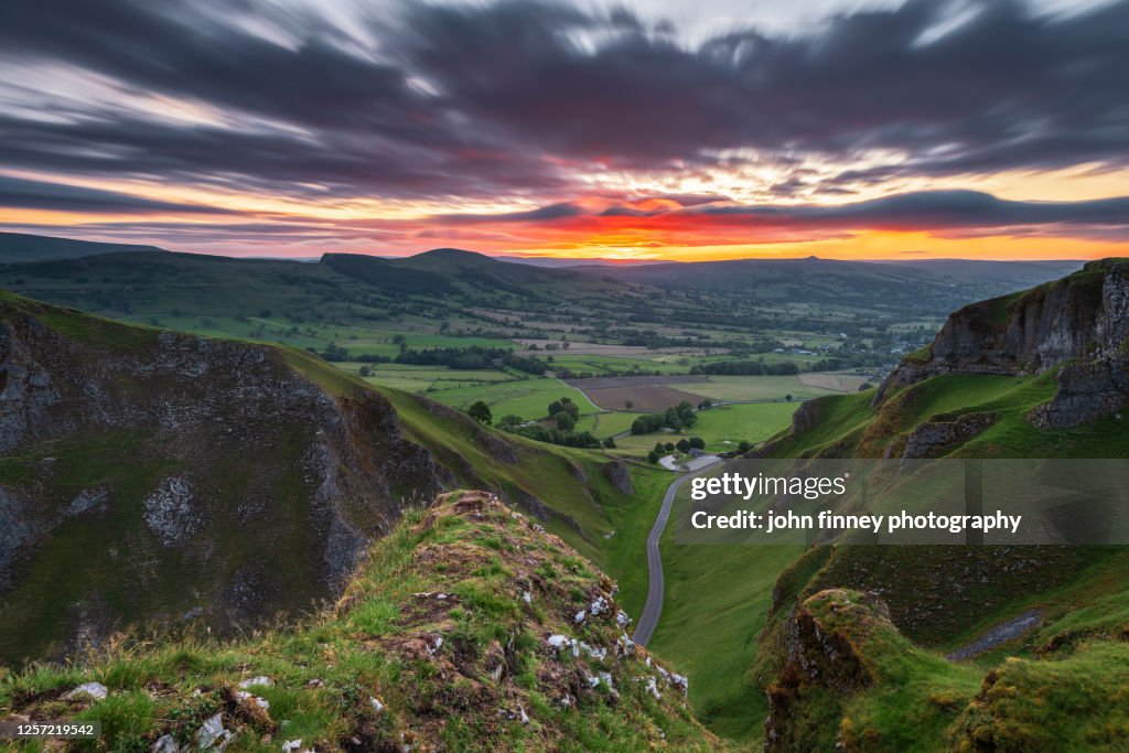 Winnats Pass, Summer sunrise, Castleton, Derbyshire, Peak District. UK