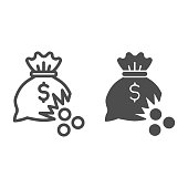 Bag of money with hole and coins line and solid icon, financial problem concept, leaking coins from torn money bag sign on white background, Hole in moneybag icon in outline style. Vector graphics.