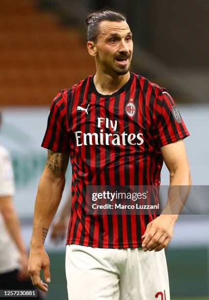 Zlatan Ibrahimovic of AC Milan looks on during the Serie A match between AC Milan and Bologna FC at Stadio Giuseppe Meazza on July 18, 2020 in Milan,...