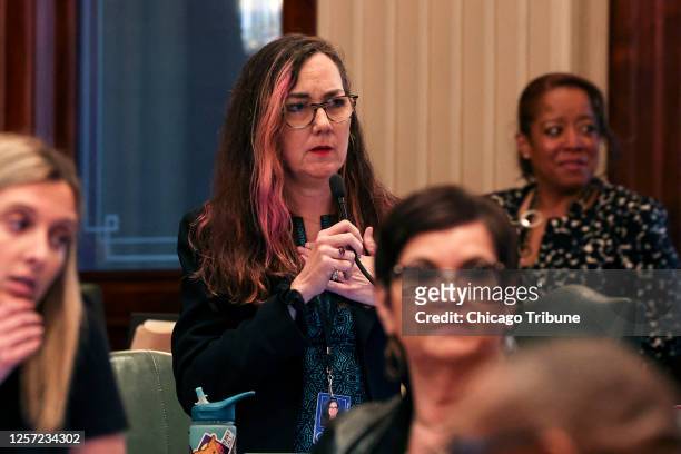 State Rep. Kelly Cassidy, a Chicago Democrat, speaks during the legislative session at the Illinois State Capitol in Springfield on May 19, 2023.