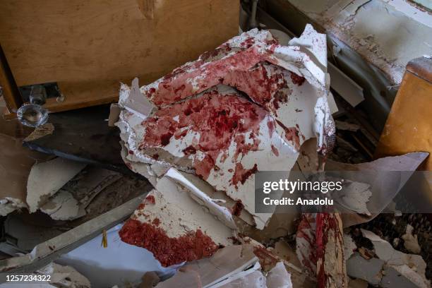 View of demolished building as 27 year old man was critically injured in a missile strike overnight at a building that housed a fire station and a...