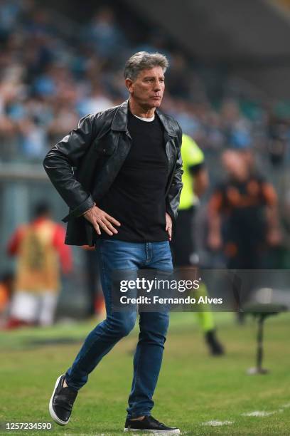 Renato Portaluppi coach of Gremio looks on during a Brasileirao match between Gremio and Internacional at Arena do Gremio on May 21, 2023 in Porto...