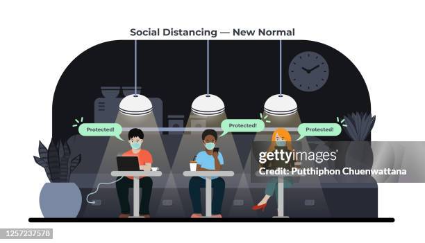 flat style men and women with face mask working and sitting in coffee shop. modern urban life style. social distancing. vector stock illustration. - hospital cafeteria worker mask stock illustrations