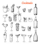 Alcoholic cocktails hand drawn vector illustration. Sketch set. Cognac, brandy, vodka, tequila, whiskey, champagne, wine, margarita cocktails. Bottle and glass.
