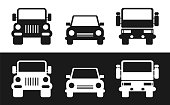 Car icons set: Passenger car, Truck, Jeep. Front view