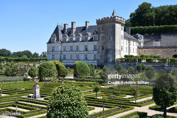 View of the 16th century Chateau de Villandry and the French formal gardens in the Loire Valley on July 13, 2020 in the Centre-Val de Loire, France.
