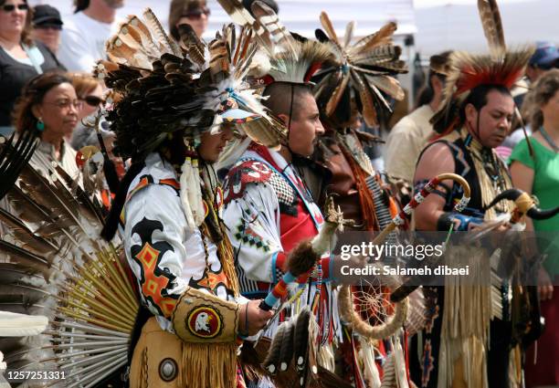 chumash tribe of southern ca, in their ceremonial clothing, pow-wow, malibu ca, april - north american tribal culture stock pictures, royalty-free photos & images