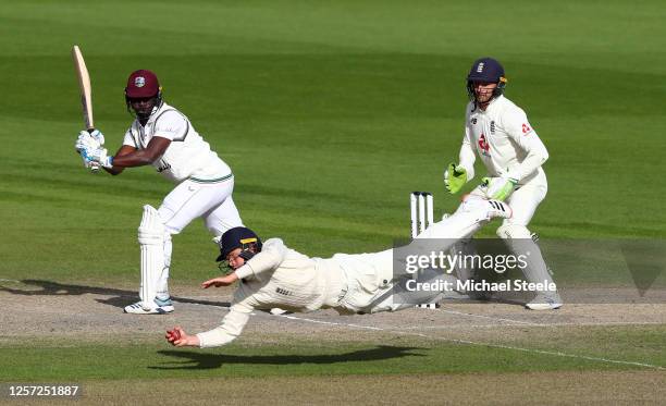 Ollie Pope of England takes the catch of Kemar Roach of West Indies to win the match during Day Five of the 2nd Test Match in the #RaiseTheBat Series...