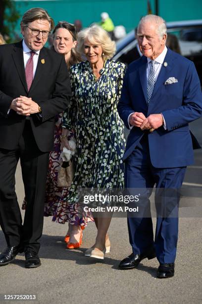 Britain's King Charles III and Queen Camilla walk with Keith Weed , President of Royal Horticultural Society , at the Chelsea Flower Show, at the...