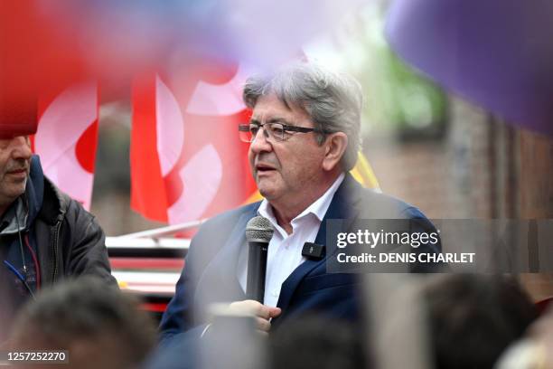 Former leader of "La France Insoumise" political party Jean-Luc Melenchon speaks outside the headquarters of the Vertbaudet childrens wear company in...