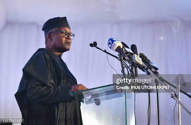 President and CEO of Dangote Indudtries Aliko Dangote speaks during the inauguration of Dangote Petroleum Refinery and Petrochemicals in Lagos, on...