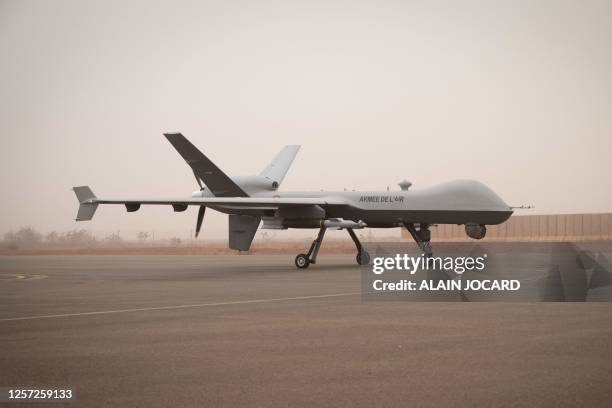 Reaper drone is seen at the French BAP air base in Niamey on May 15, 2023.