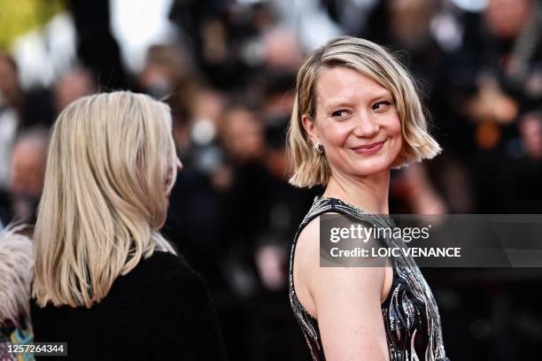 Australian actress Mia Wasikowska arrives for the screening of the film "Club Zero" during the 76th edition of the Cannes Film Festival in Cannes,...