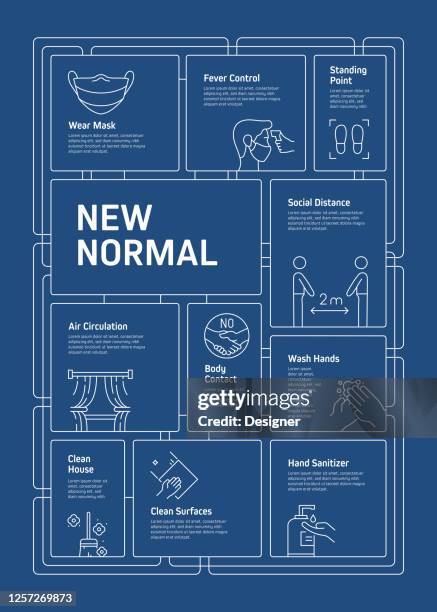 the new normal related process infographic template. process timeline chart. workflow layout with linear icons. covid-19 coronavirus concept - new normal work stock illustrations