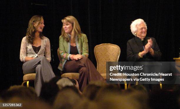 Barbara, left, and Jenna Bush, along with their grandmother, Barbara Bush listen to President Bush's sister, Doro Bush Koch, speak during the first...