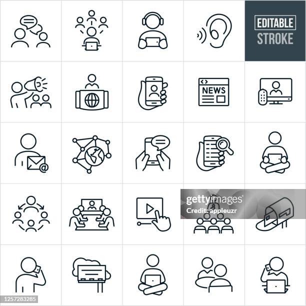 communications thin line icons - bearbeitbarer strich - tablet benutzen stock-grafiken, -clipart, -cartoons und -symbole