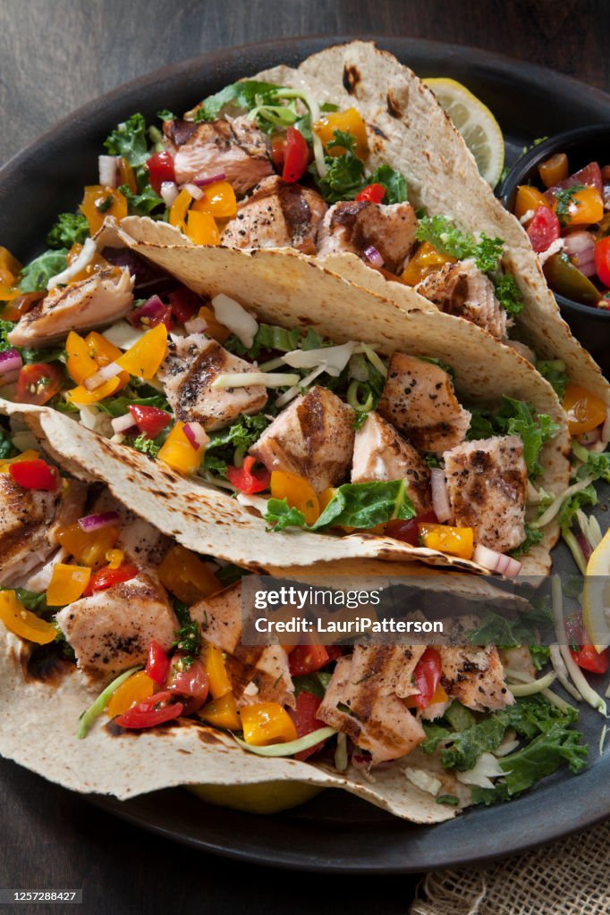 Grilled Salmon Tacos with Avocado Fresh Salsa and Kale Coleslaw