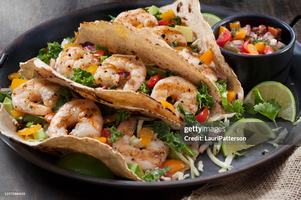 Grilled Shrimp Tacos with Avocado Fresh Salsa and Kale Coleslaw