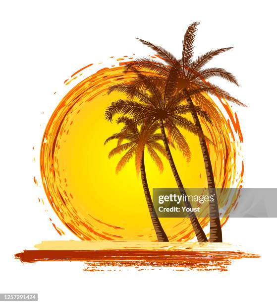 sommer tropischen sonnenuntergang mit palmen. retro grunge hintergrund. - kreuzfahrt stock-grafiken, -clipart, -cartoons und -symbole