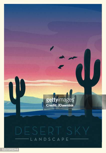 wüstenhimmel mit wilden kaktus landschaftliche landschaft plakat-design - desert stock-grafiken, -clipart, -cartoons und -symbole