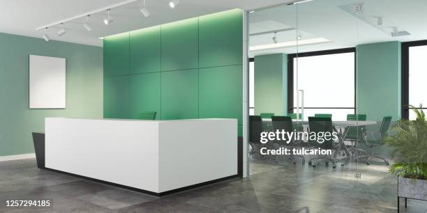 modern green office interior with big white desk with copy space - inside of bank stock pictures, royalty-free photos & images