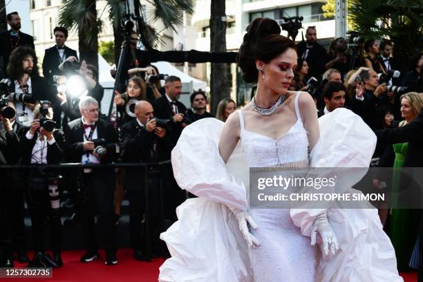 Canadian model Coco Rocha arrives for the screening of the film "Club Zero" during the 76th edition of the Cannes Film Festival in Cannes, southern...