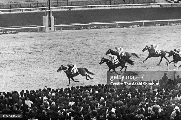 Jockey Yoshito Matsumoto riding Shinzan leads to win the 10th Arima Kinen at Nakayama Racecourse on December 26, 1965 in Funabashi, Chiba, Japan.