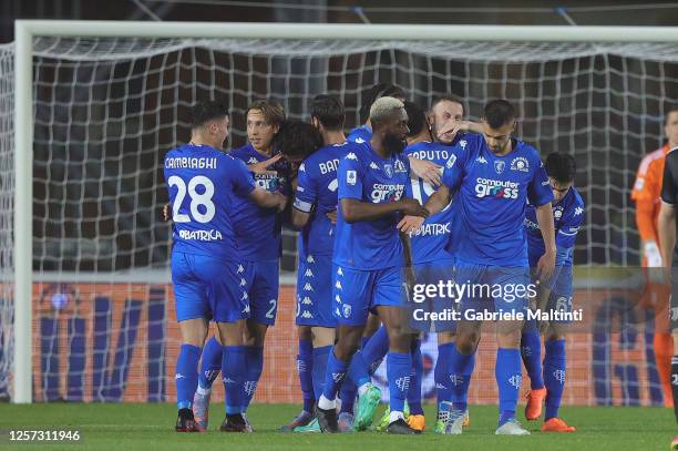 Sebastiano Luperto of Empoli FC celebrates after scoring a goal during the Serie A match between Empoli FC and Juventus at Stadio Carlo Castellani on...