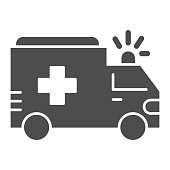 Ambulance solid icon, Public transport concept, first-aid car sign on white background, ambulance car icon in glyph style for mobile concept and web design. Vector graphics.