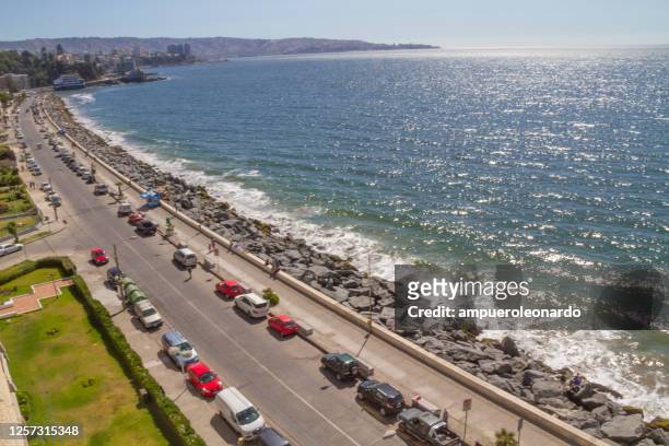via vina del mar e valparaiso vista aerea panoramica - viña del mar foto e immagini stock