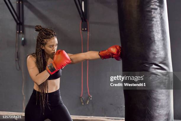 female boxer wearing red gloves practicing boxing drill on punching bag in gym - boxe femme photos et images de collection