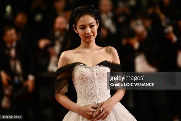 South Korean singer and actress Jennie Kim arrives for the screening of the film "The Idol" during the 76th edition of the Cannes Film Festival in...
