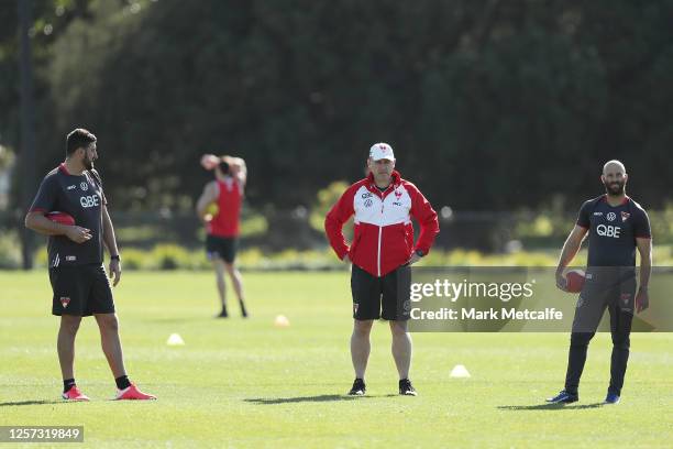 Swans head coach John Longmire talks to coaches Jarrad McVeigh and Dean Cox during a Sydney Swans AFL training session at Lakeside Oval on July 21,...