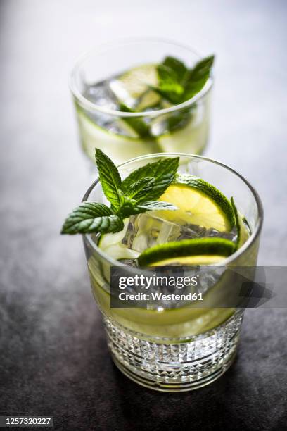 gin tonic with lemon, mint and cucumber - gin tonic stock pictures, royalty-free photos & images