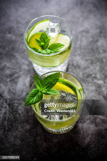 gin tonic with lemon, mint and cucumber - gin and tonic stock pictures, royalty-free photos & images