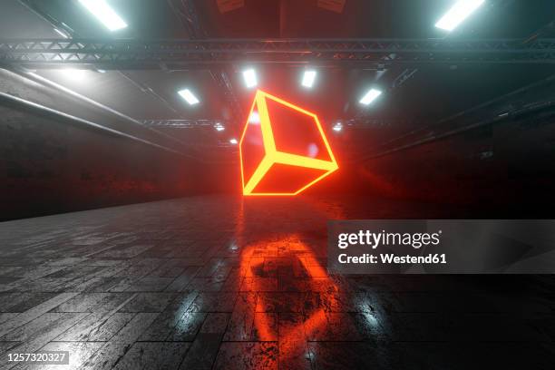 three dimensional render of glowing cubeinside dark warehouse - framework stock illustrations