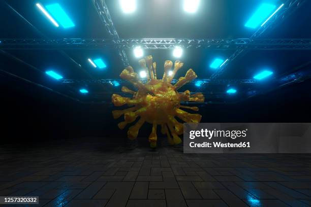three dimensional render of giantcoronavirus cell inside dark warehouse - empty warehouse interior stock illustrations
