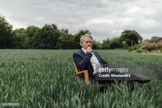 senior businessman sitting on a chair in a field in the countryside - rural scene stock-fotos und bilder