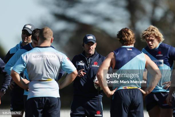 Waratahs coach Chris Whitaker talks to players during a Waratahs Super Rugby training session at the David Phillips Sports Complex on July 21, 2020...